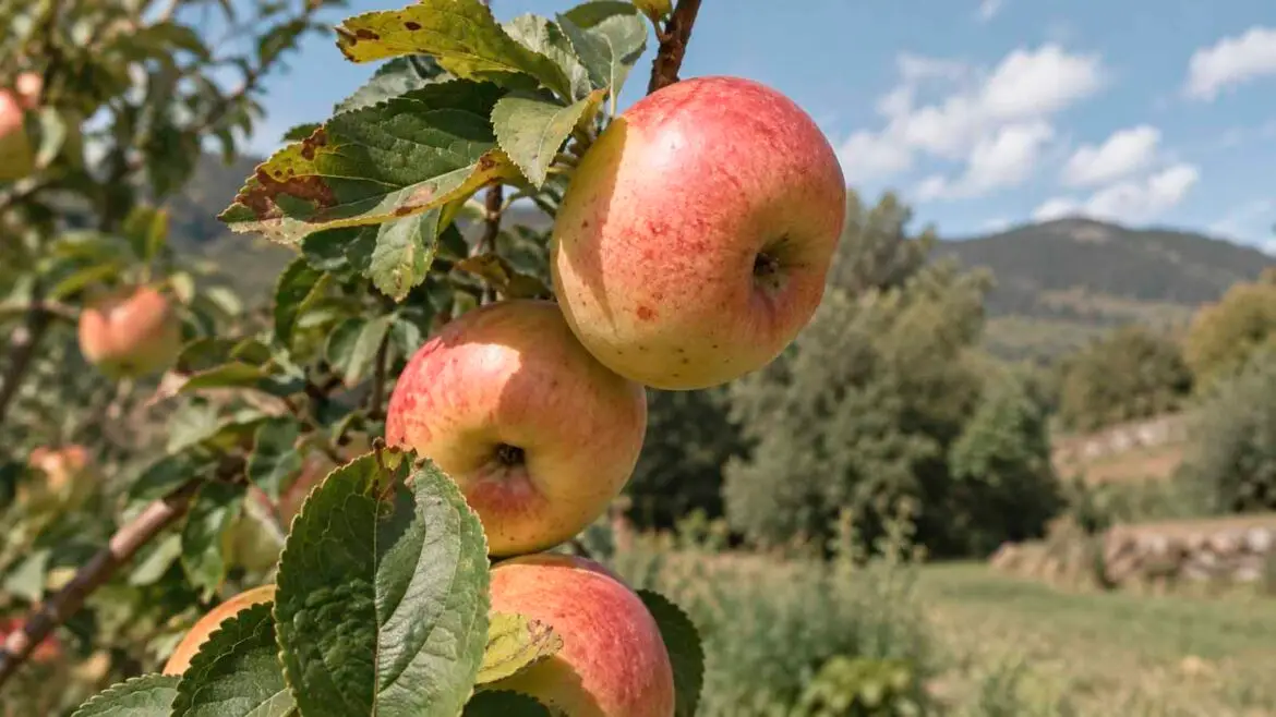 Pomes de la varietat tradicional senyoretes, de color groc verdós amb tonalitats vermelloses, en una pomera.