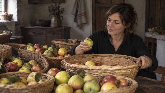Dona seleccionant pomes de varietats tradicionals entre diversos cistells de vímet, a l’interior d’una casa pirinenca.
