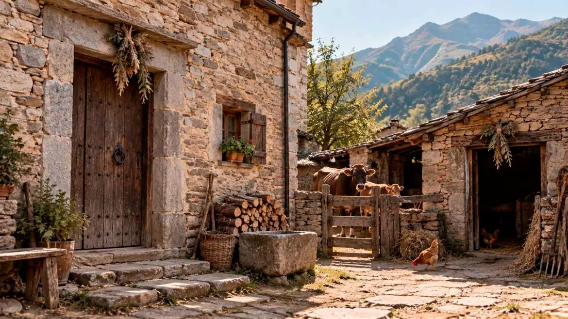 Casa pirinenca de pedra amb l’habitatge, l’estable i el corral, on conviuen persones, bestiar i recursos domèstics, amb petits rams protectors col·locats a les diferents entrades.