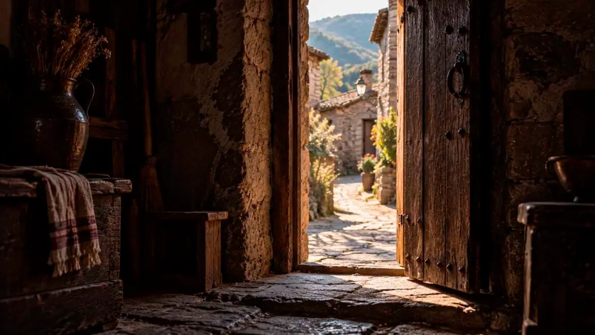 Porta entreoberta d’una antiga casa pirinenca vista des de l’interior, amb la penombra de la llar en primer pla i el carrer del poble il·luminat a l’exterior.