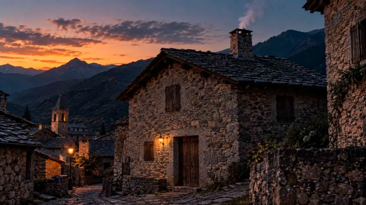Casa pirinenca de pedra amb les portes i els porticons tancats al capvespre, mentre un fil de fum encara surt per la xemeneia.