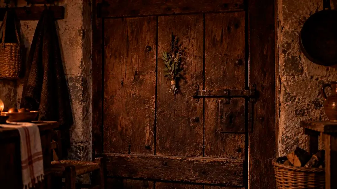 Porta antiga de fusta vista des de l’interior d’una casa pirinenca, amb un petit ram beneït penjat al centre com a element de protecció de la llar.