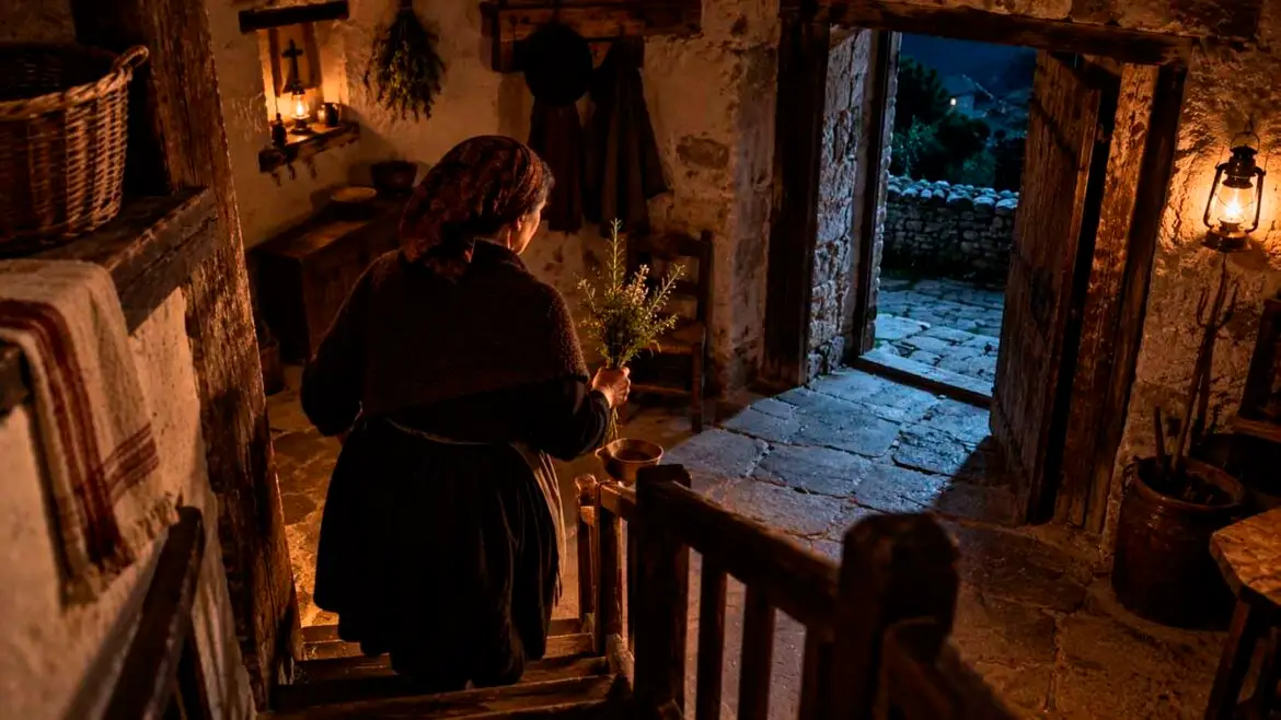 Dona baixant l’escala d’una antiga casa pirinenca durant la nit de Sant Joan, amb un ram de romaní i aigua beneïda a les mans, en direcció a la porta oberta.