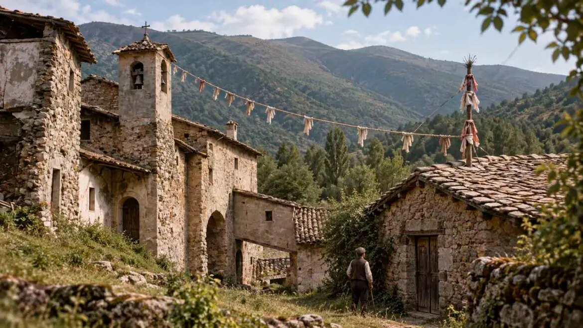 Reconstitució d’Abella d’Adons a començaments del segle XX, amb una corda guarnida amb retalls de roba que uneix el campanar amb la casa de Ton d’Anpena i un pal protector al capdamunt de la teulada.