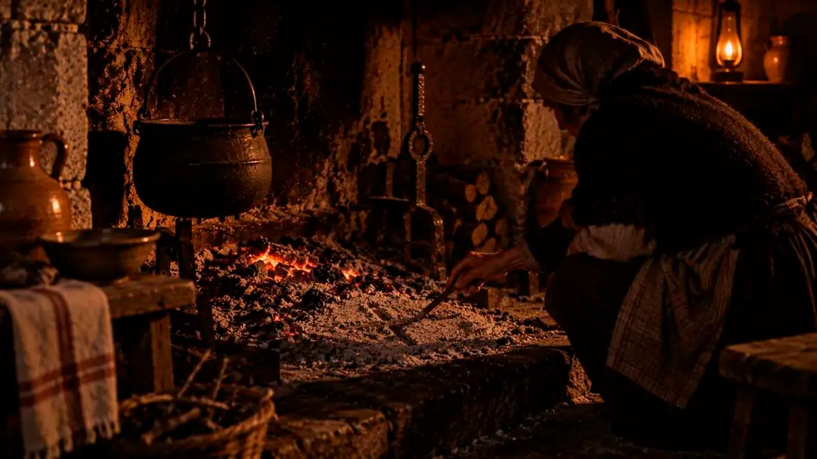 Dona ajupida davant del foc d’una cuina pirinenca, traçant amb un petit bastó una creu sobre les cendres que cobreixen les brases abans d’anar a dormir.