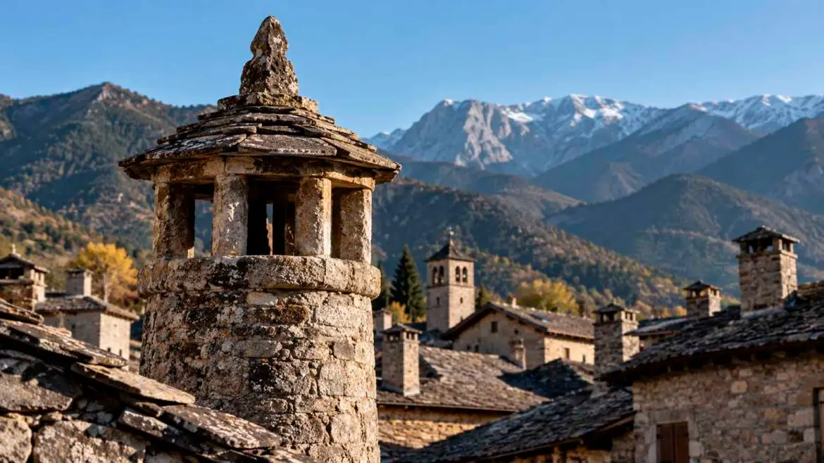 Antiga xemeneia de pedra amb espantabruixes al capdamunt, envoltada de teulades de cases d’un poble del Pirineu aragonès.