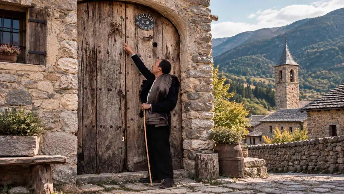 Reconstrucció de Ramon Violant i Simorra davant la porta de Casa Pere, a Santa Coloma d'Erdo, que mostra les urpes de les rapinyaires que protegien la casa.