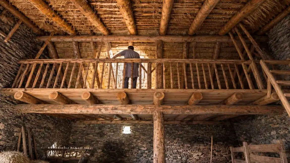 Interior d’una construcció rural pirinenca amb murs de pedra, estructura de fusta i un nivell superior sota coberta, on es conserven els elements constructius tradicionals.