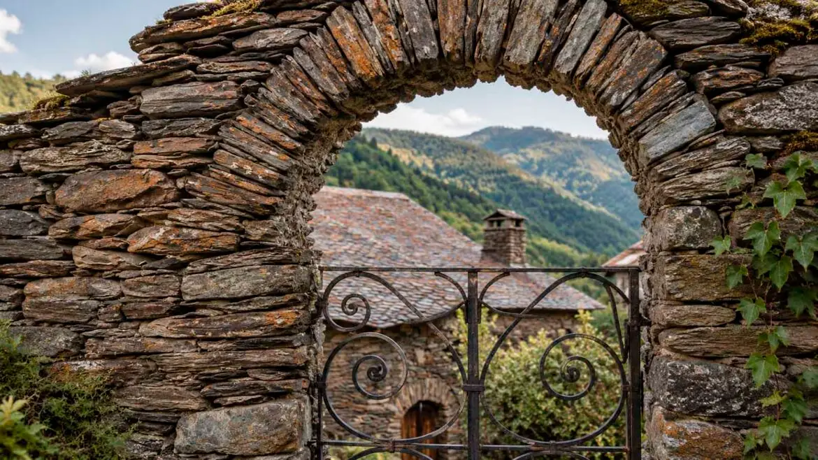 Arc de pedra seca construït amb lloses, amb una porta de ferro i una coberta tradicional de llosa al fons, exemple dels elements constructius que formen part de l’arquitectura rural pirinenca