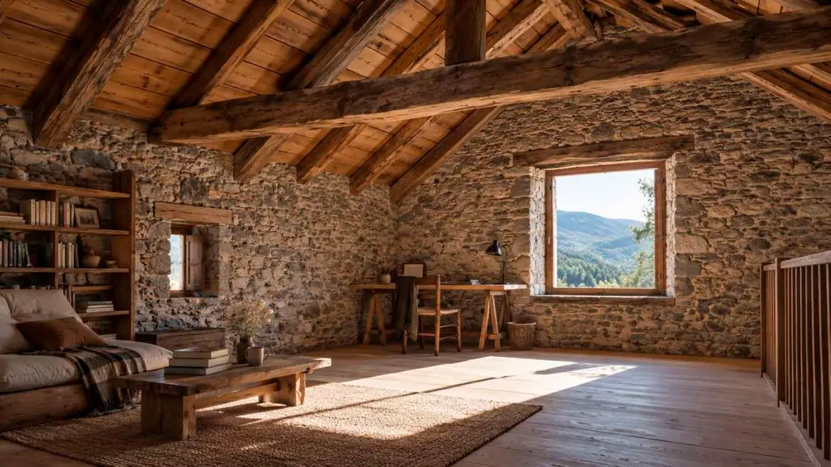 Golfes d’una antiga casa pirinenca rehabilitades com a espai de vida i de treball, amb els murs de pedra i l’estructura de fusta de la coberta conservats.