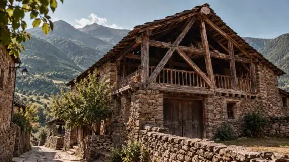 Antiga casa pirinenca de pedra i fusta, amb una gran estructura de bigues visible sota la coberta, integrada en un petit nucli de muntanya envoltat de boscos i prats.
